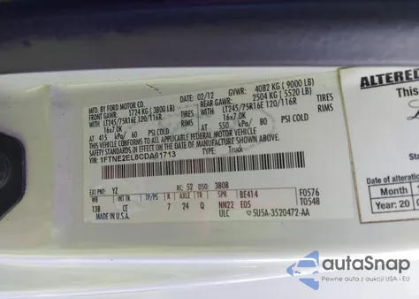 2012 Ford E-250 Commercial z USA, uszkodzony, nr VIN 1FTNE2EL6CDA61713